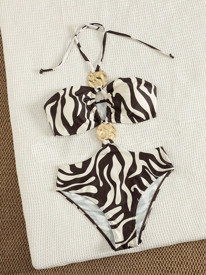 Metallic Accent Printed Strapped One-Piece Swimsuit