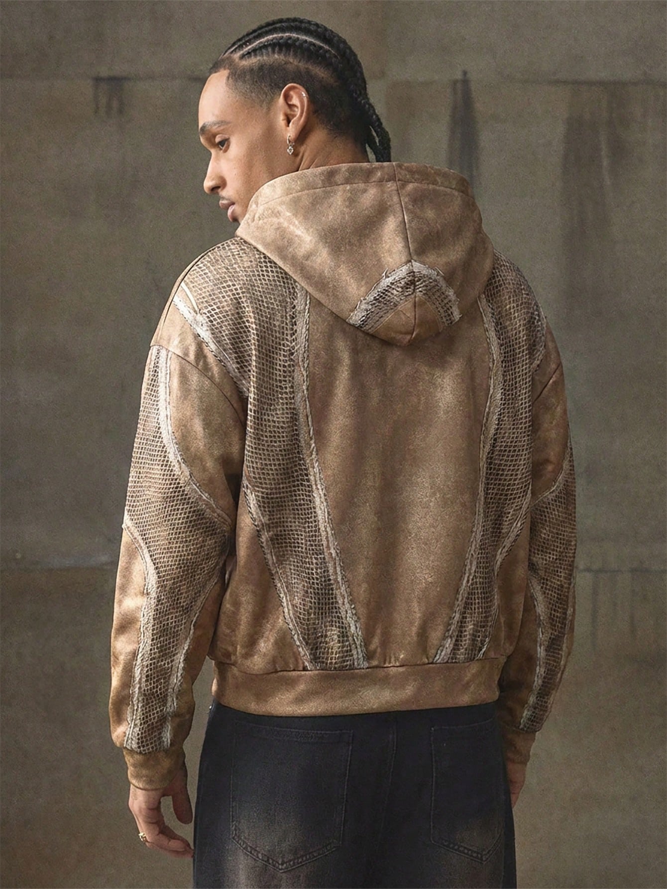 Men's Brown Distressed Cropped Loose Zip-Up Hoodie