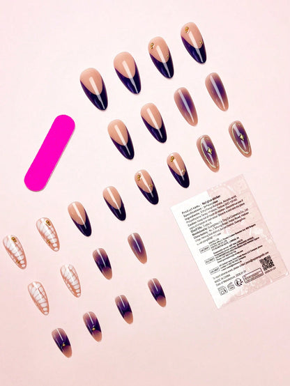 Blue Tie-Dye French Almond 3D Golden Star Nails (24pcs)