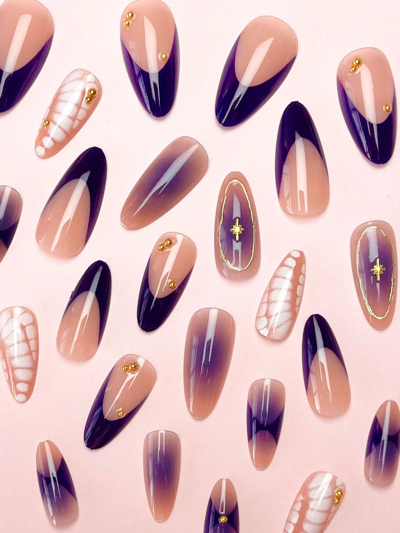 Blue Tie-Dye French Almond 3D Golden Star Nails (24pcs)