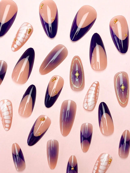 Blue Tie-Dye French Almond 3D Golden Star Nails (24pcs)