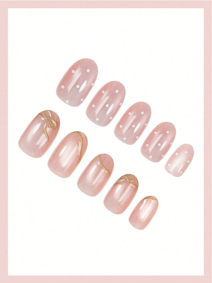 24pcs Pink Cat Eye 3D Golden Bow Oval Press-On Nails