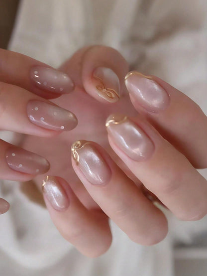 24pcs Pink Cat Eye 3D Golden Bow Oval Press-On Nails