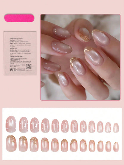 24pcs Pink Cat Eye 3D Golden Bow Oval Press-On Nails