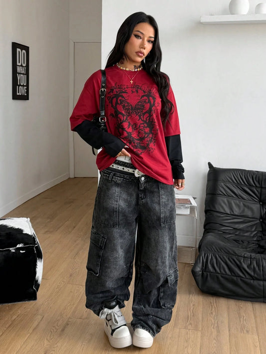 Women Oversized Grunge Goth Graphic Long Tee