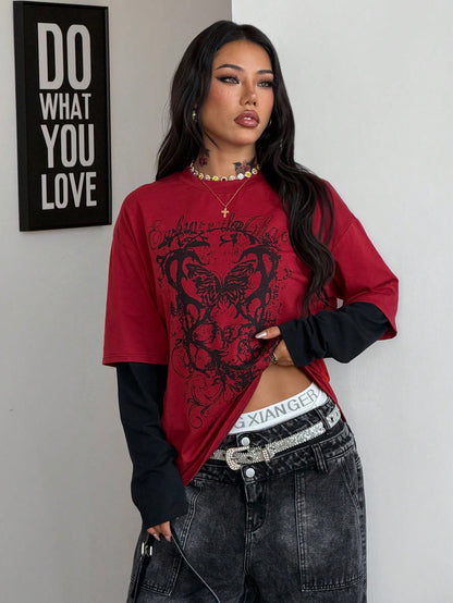 Women Oversized Grunge Goth Graphic Long Tee