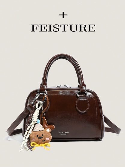 Vintage PU Leather Bowling Bag Square Crossbody Handbag