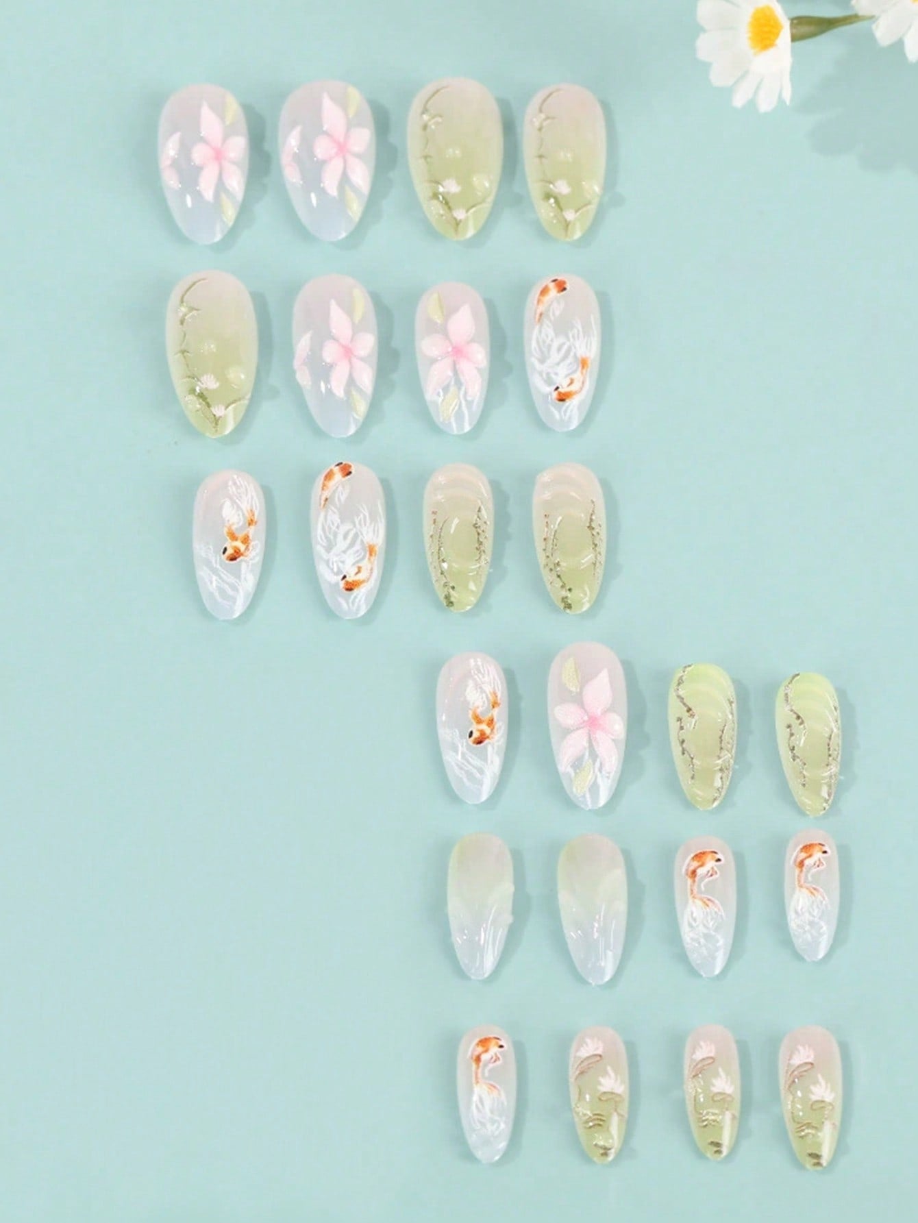 3D Floral & Fish Almond Press-On Nail Set