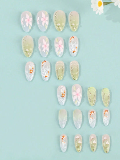 3D Floral & Fish Almond Press-On Nail Set