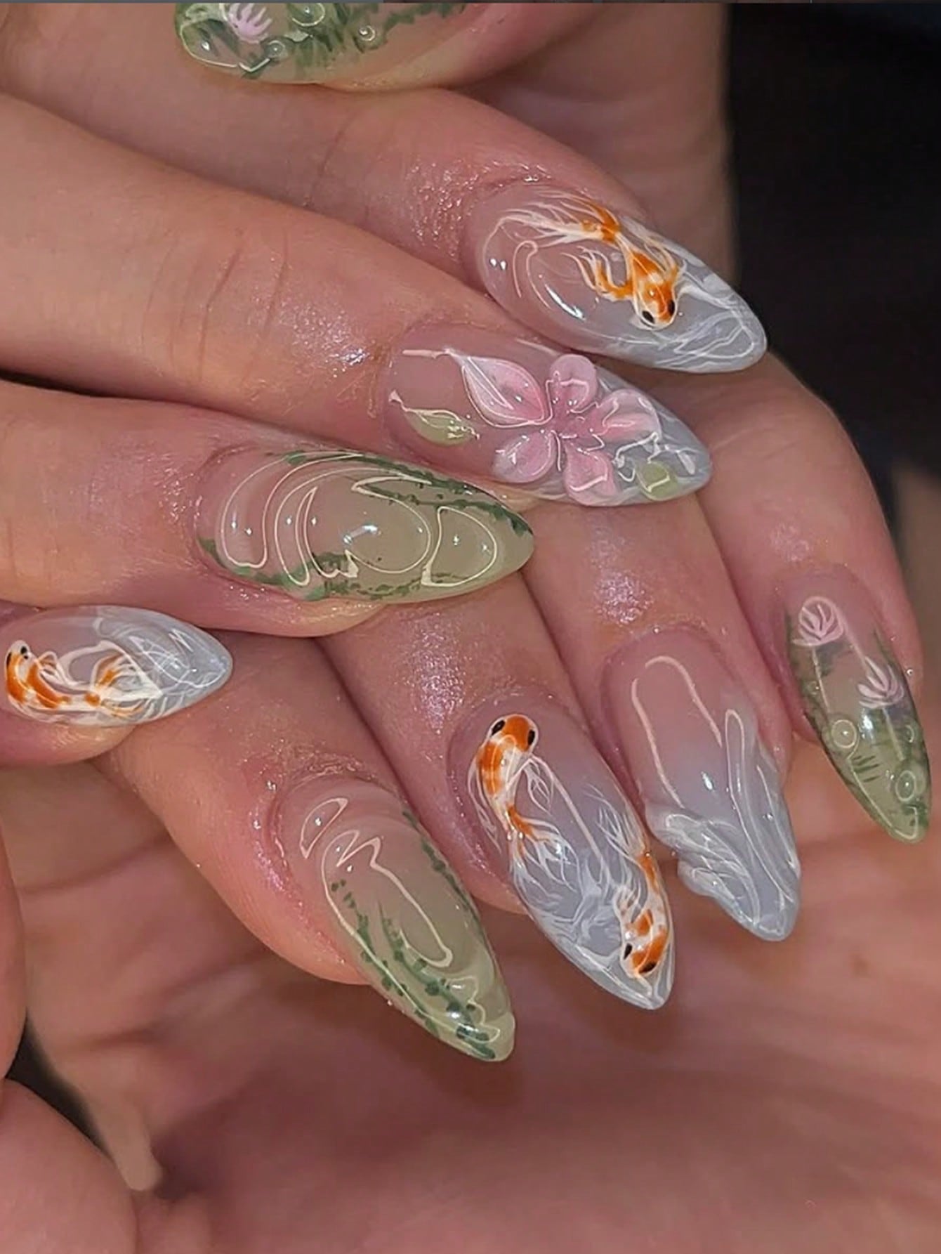 3D Floral & Fish Almond Press-On Nail Set