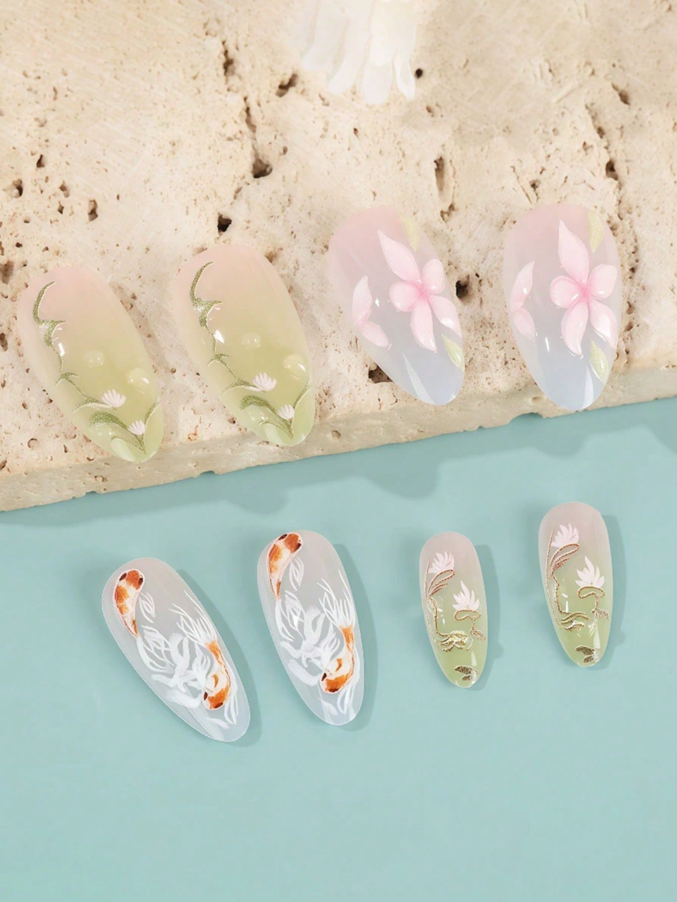 3D Floral & Fish Almond Press-On Nail Set
