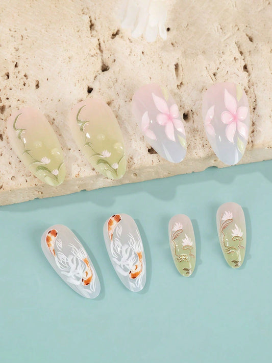 3D Floral & Fish Almond Press-On Nail Set