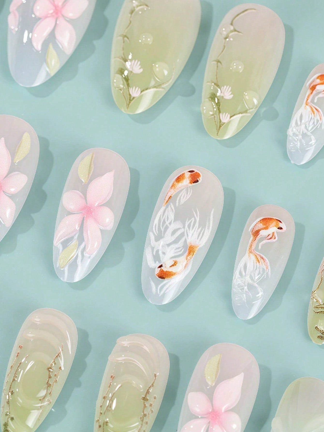 3D Floral & Fish Almond Press-On Nail Set