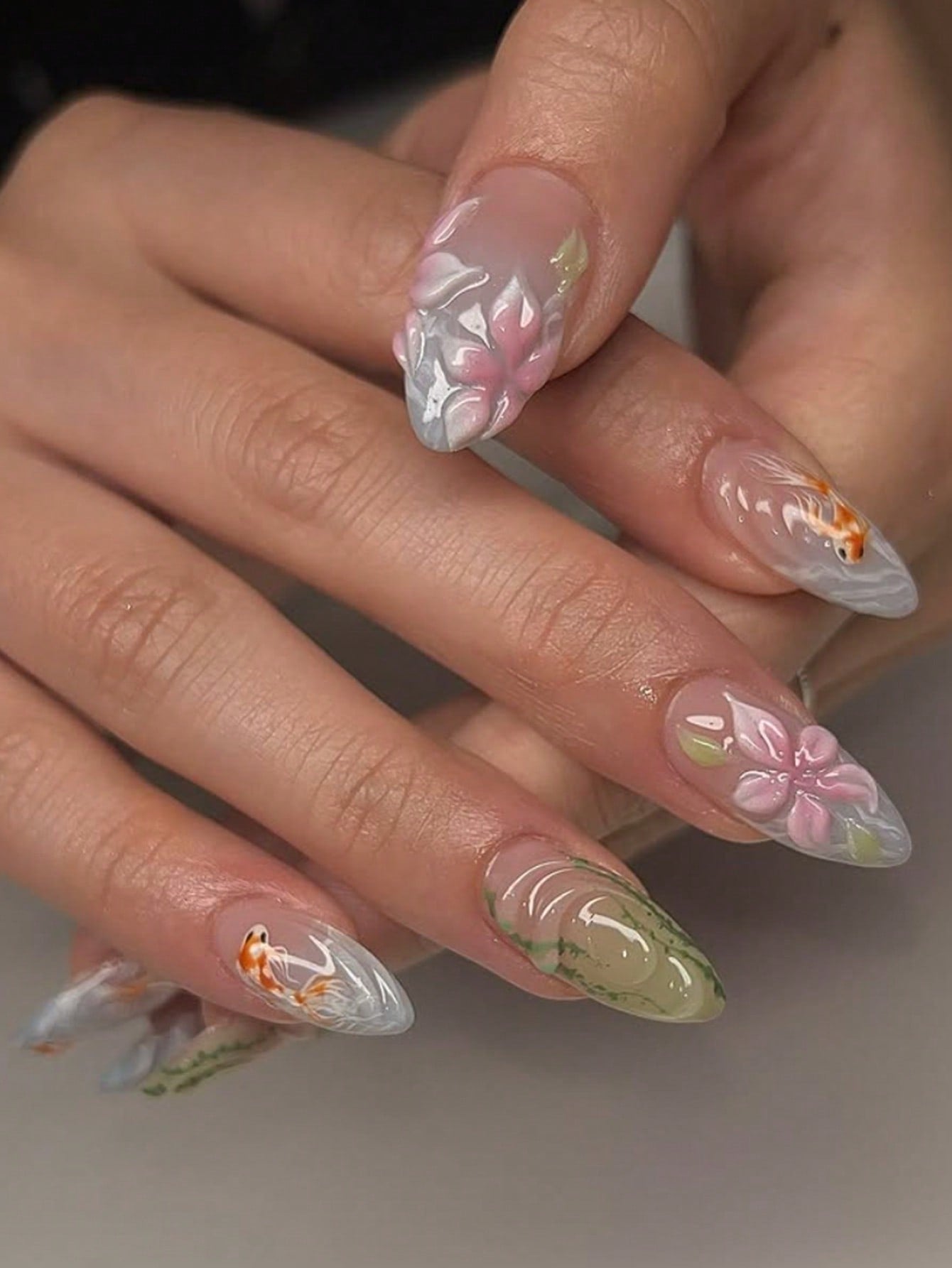 3D Floral & Fish Almond Press-On Nail Set
