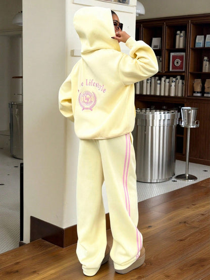 Women's Cream & Pink Letter Embroidery Sweatshirt Set