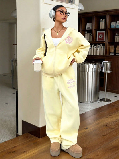 Women's Cream & Pink Letter Embroidery Sweatshirt Set