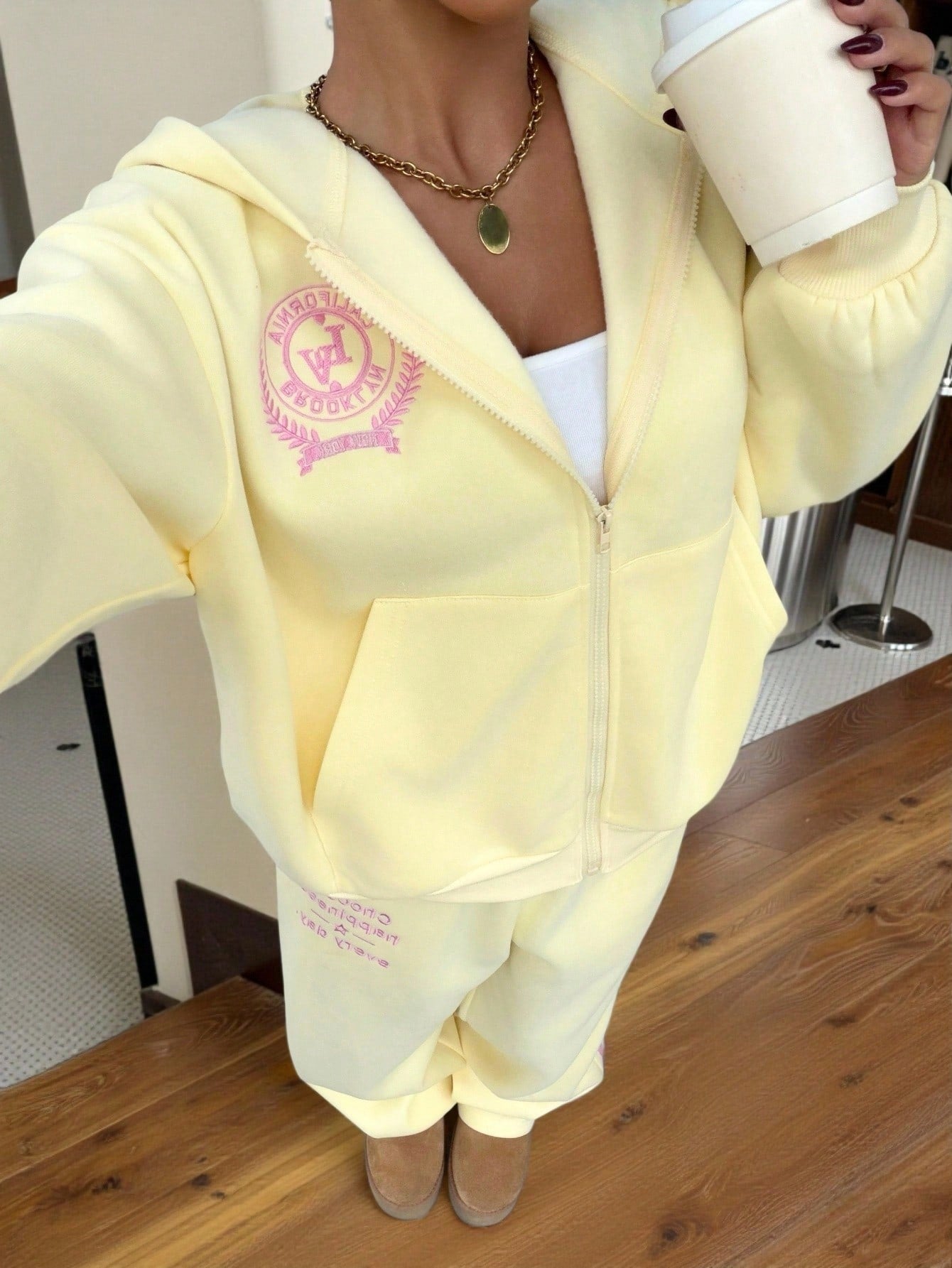 Women's Cream & Pink Letter Embroidery Sweatshirt Set