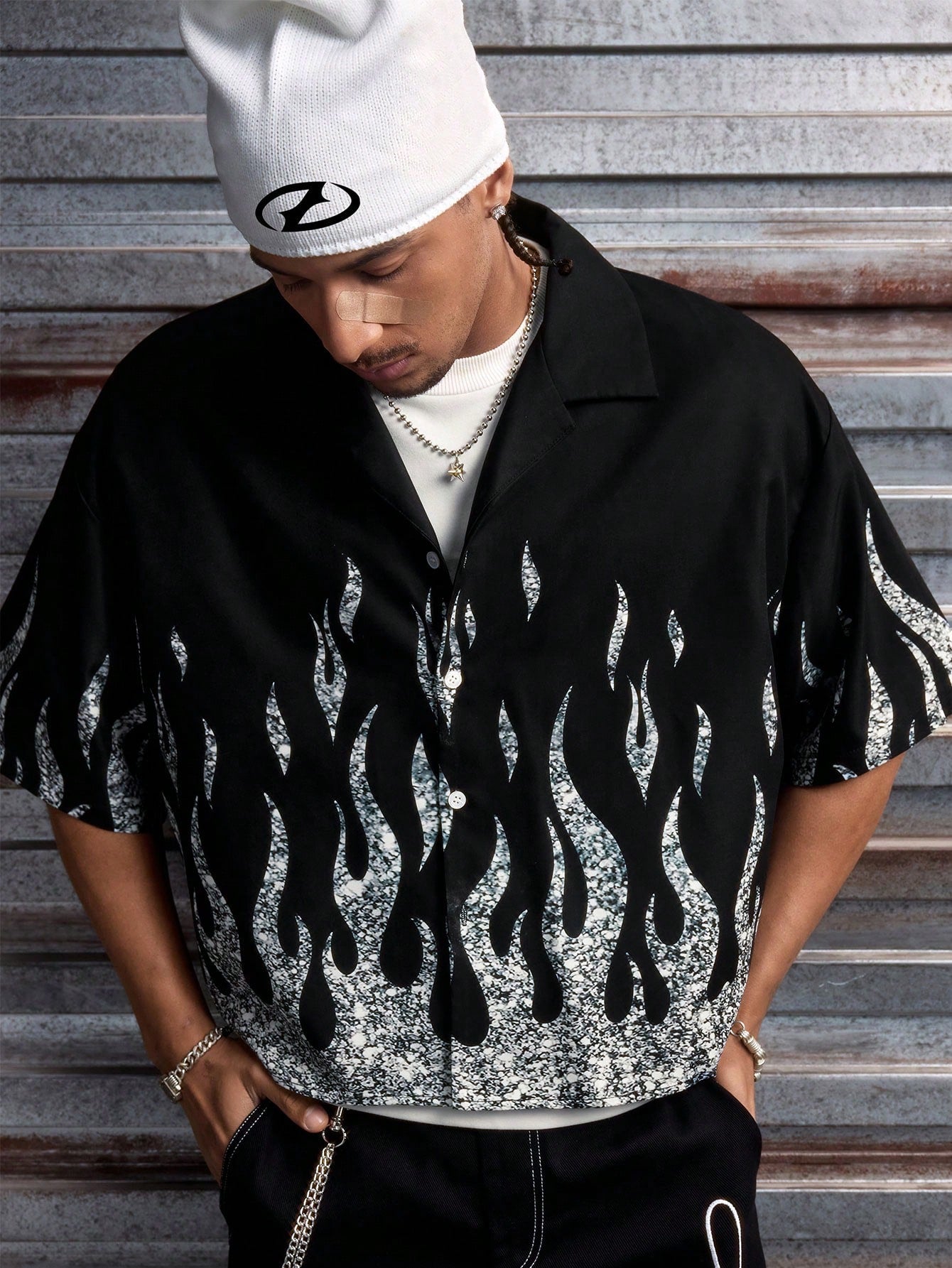 Men's Flame Print Casual Loose Shirt