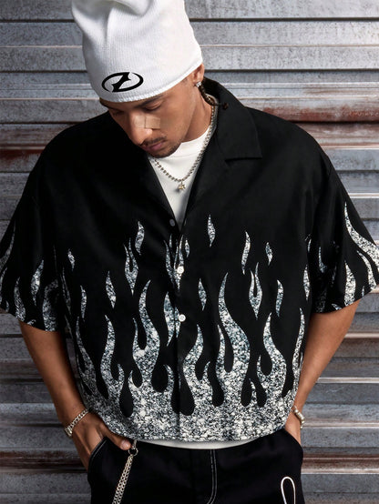 Men's Flame Print Casual Loose Shirt