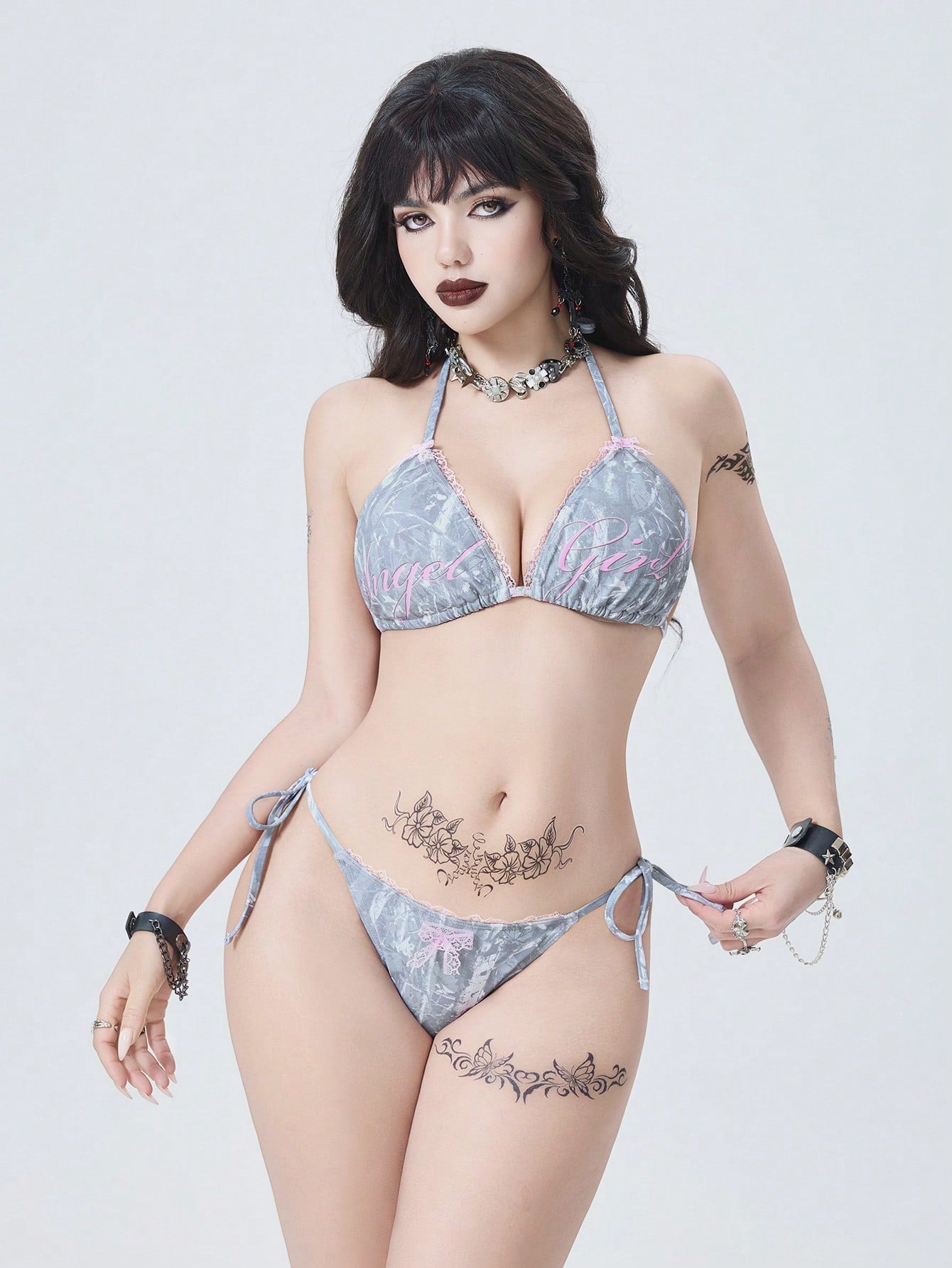 Gothic Camo Lace Trim Triangle Bikini Set