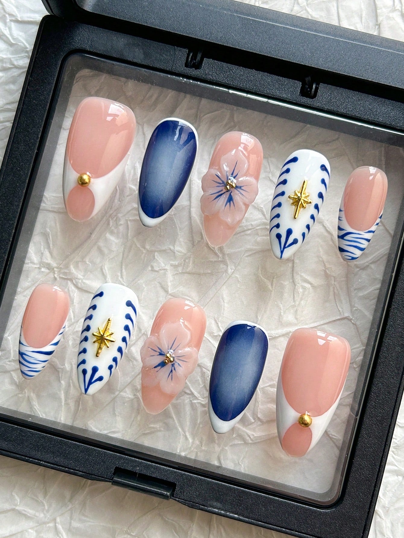 Handmade Almond Pink French 3D Floral Press-On Nails