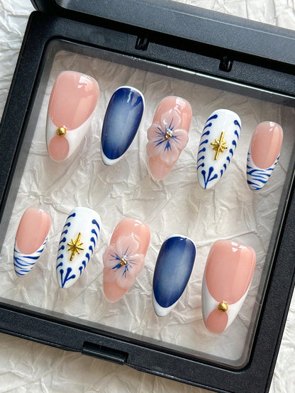 Handmade Almond Pink French 3D Floral Press-On Nails