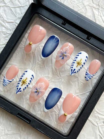 3D Floral Almond Handmade Press-On Nails