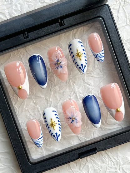 3D Floral Almond Handmade Press-On Nails