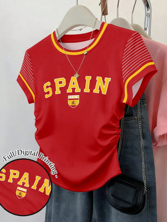 Spain Letter Print Ruched Waist Short Sleeve Top