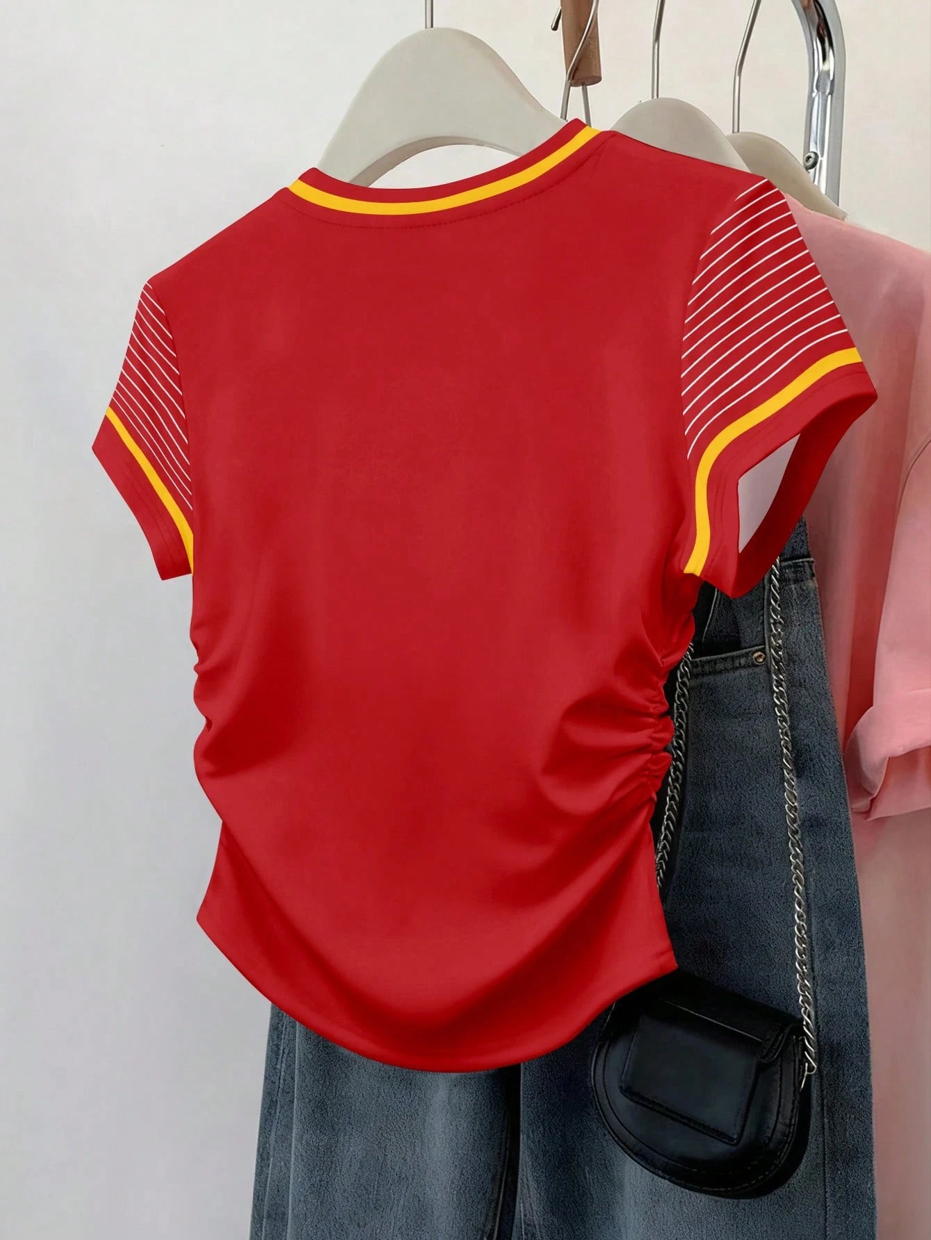 Spain Letter Print Ruched Waist Short Sleeve Top