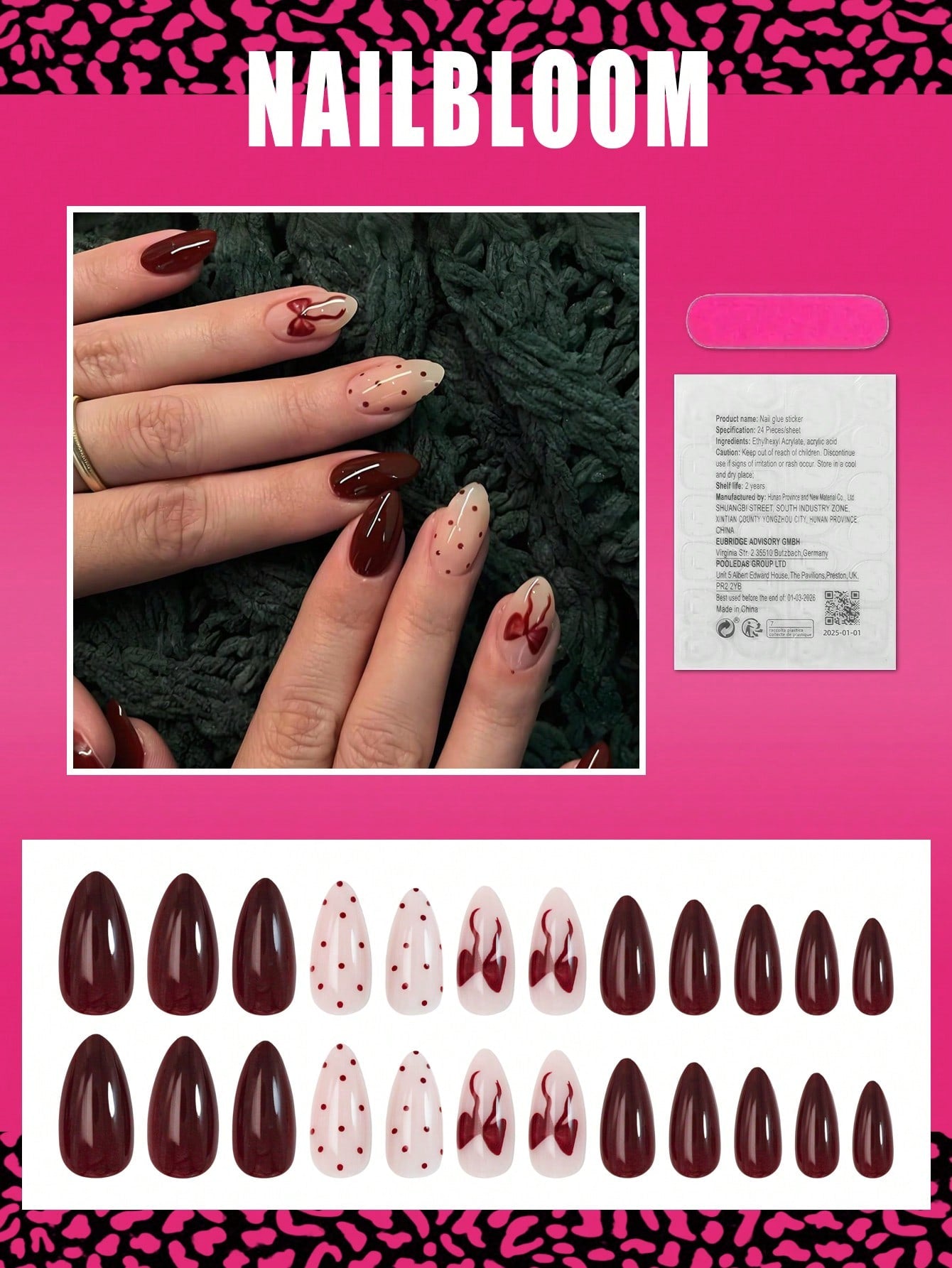 Red Polka Dot Bow Almond Press-On Nail Set (24pcs)