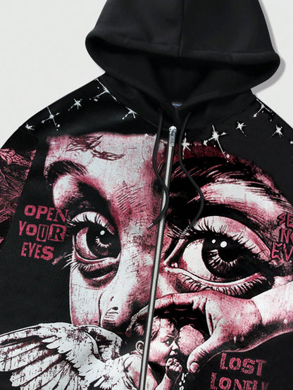 Men's Angel Graphic Zip-Up Fleece Y2K Hoodie