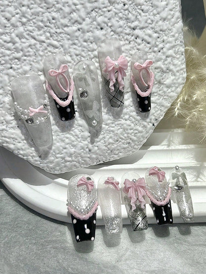 10pcs Sweet Cool Y2K Handmade Bow Press-On Nails