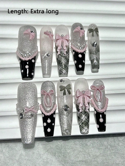 10pcs Sweet Cool Y2K Handmade Bow Press-On Nails