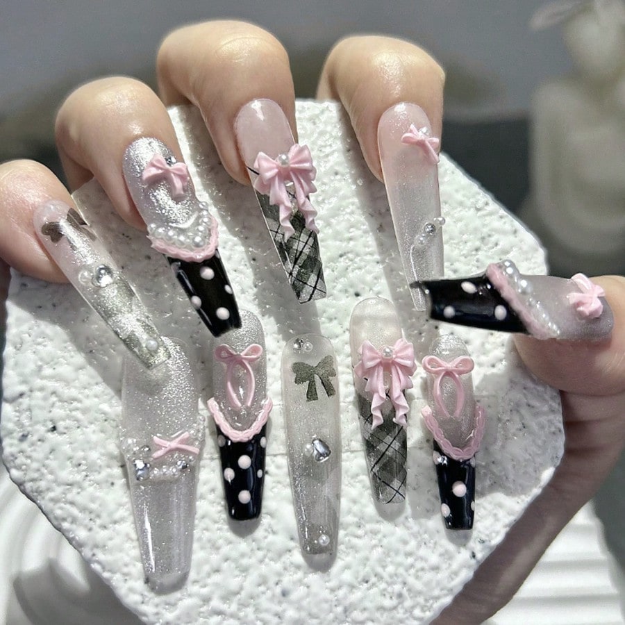 10pcs Sweet Cool Y2K Handmade Bow Press-On Nails