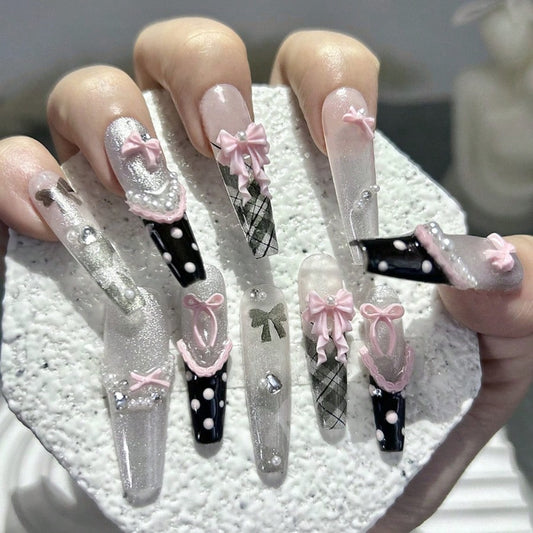 10pcs Sweet Cool Y2K Handmade Bow Press-On Nails