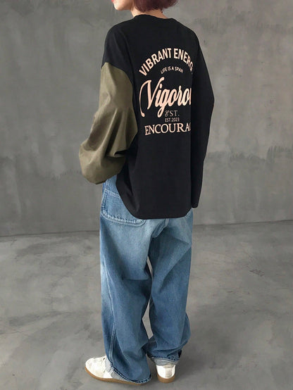 Colorblock Graphic Crew Neck Long Sleeve T-Shirt