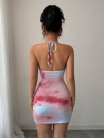 Sexy Halter Tie-Dye Floral Mesh Draped Mini Dress