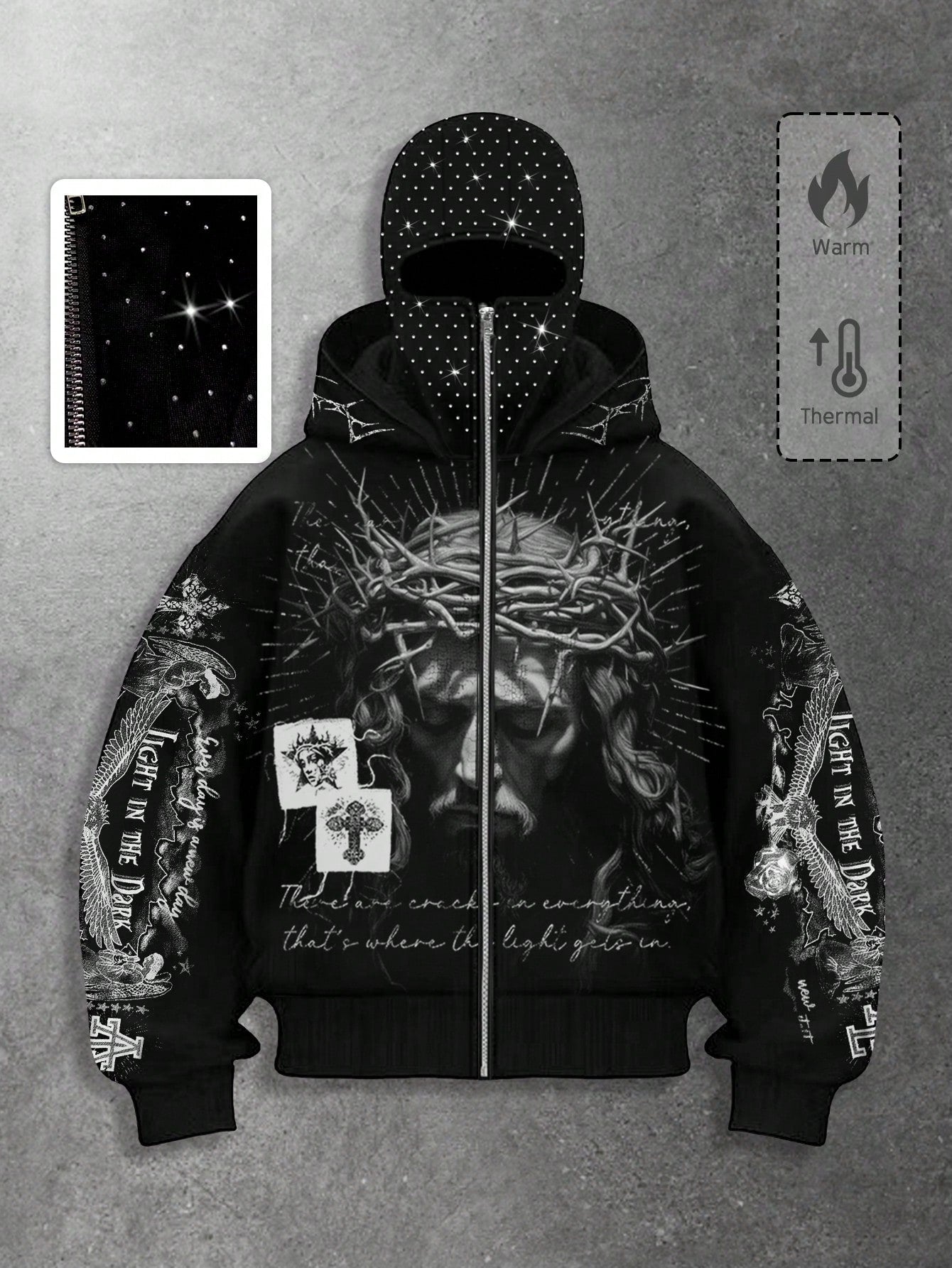 Men's Goth Rhinestone Graphic Zip-Up Hoodie