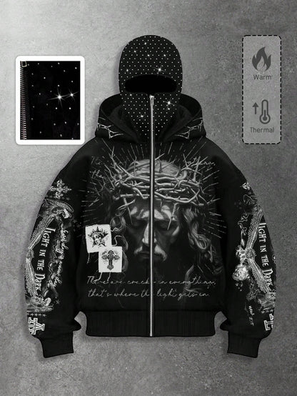 Men's Goth Rhinestone Graphic Zip-Up Hoodie