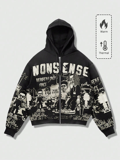 Men Cartoon Letter Graphic Zip Hoodie