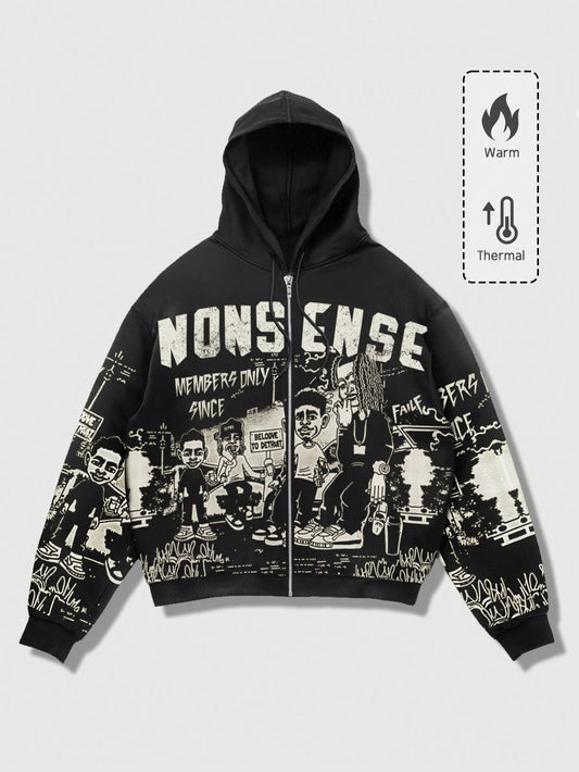 Men Cartoon Letter Graphic Zip Hoodie