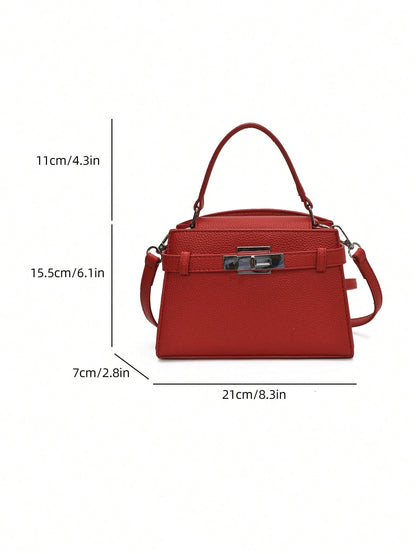 Classic Bright Red Handbag with Hardware Lock Decor