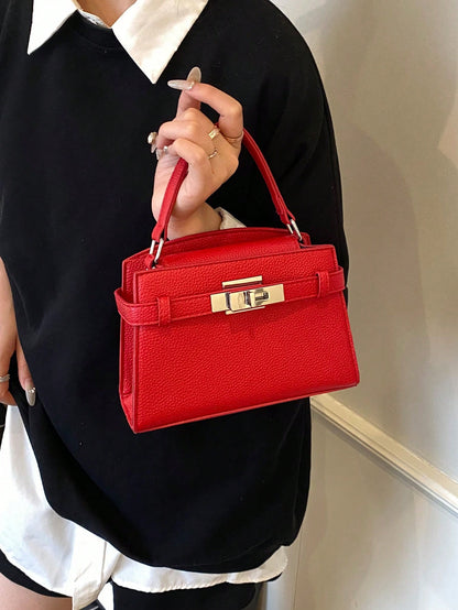 Classic Bright Red Handbag with Hardware Lock Decor