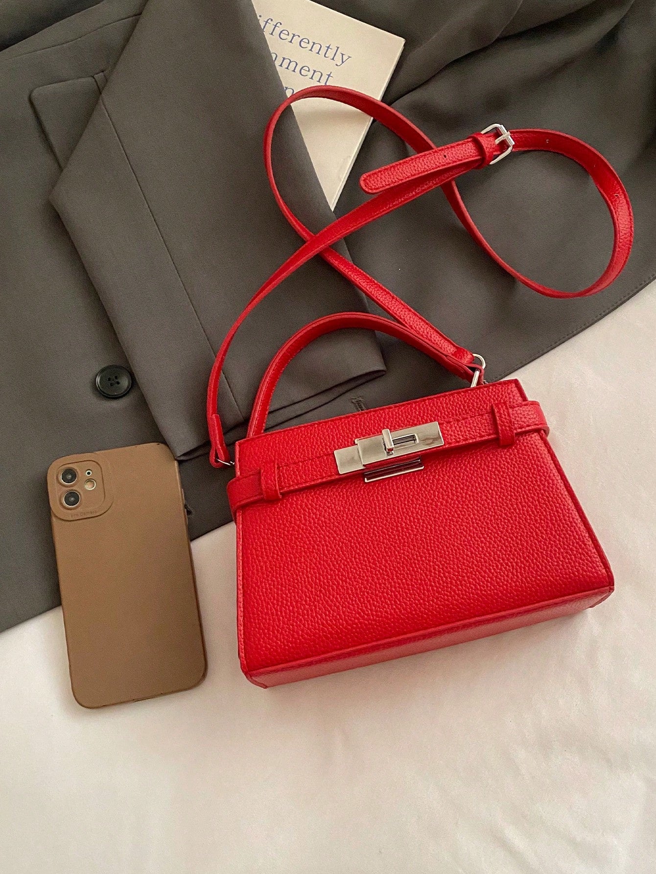Classic Bright Red Handbag with Hardware Lock Decor