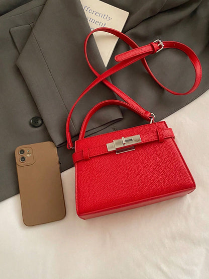 Classic Bright Red Handbag with Hardware Lock Decor