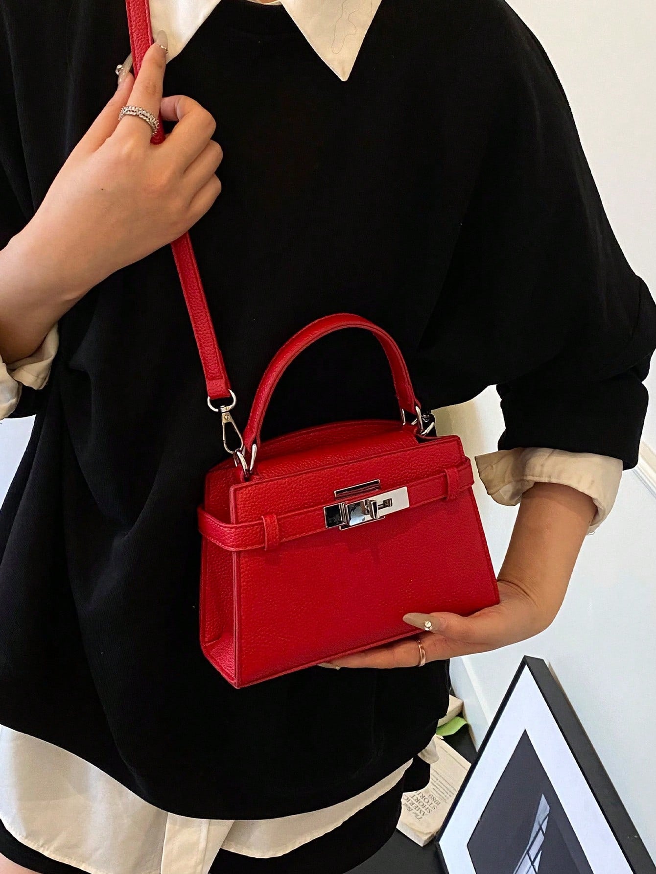 Classic Bright Red Handbag with Hardware Lock Decor
