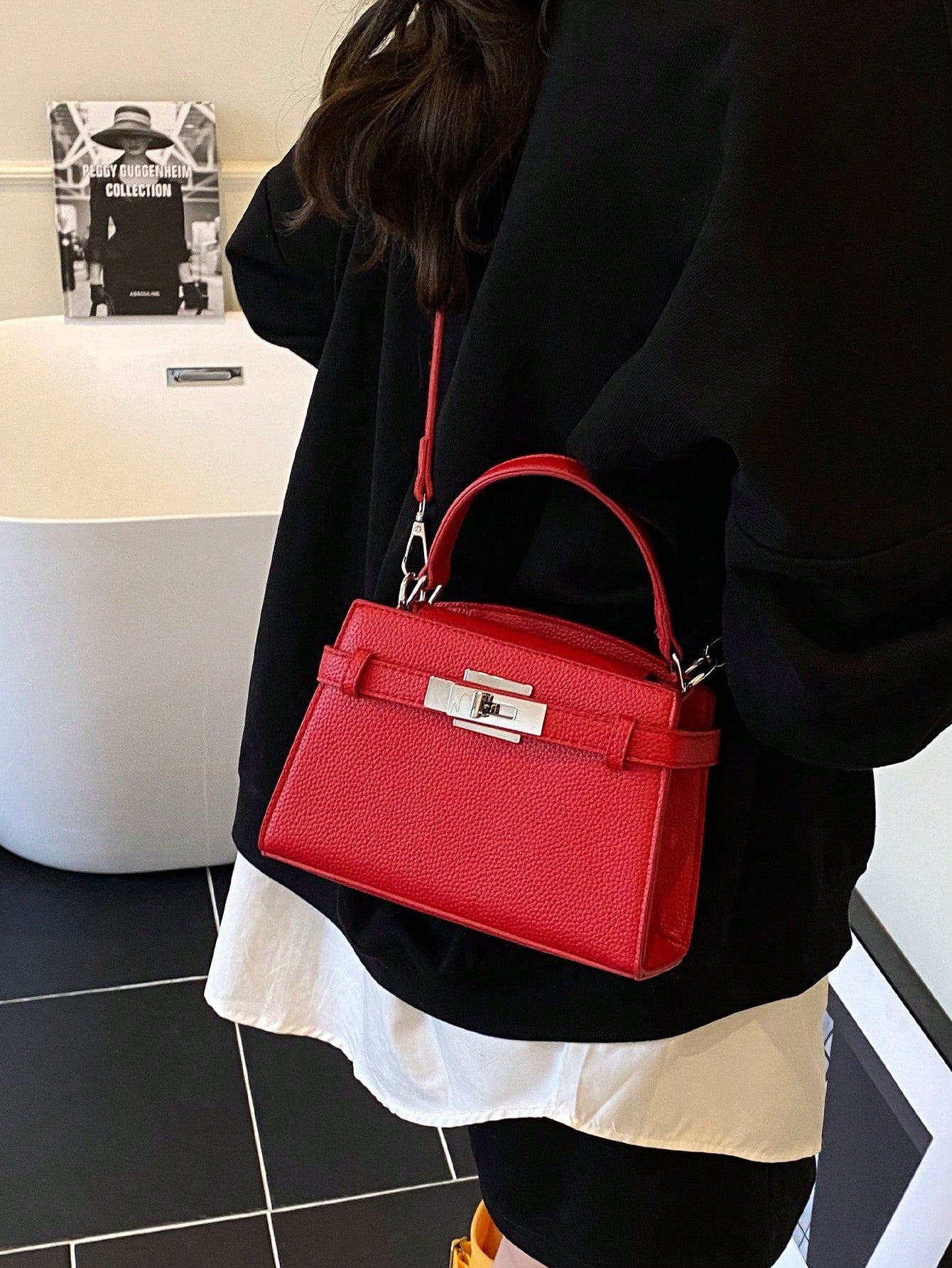 Classic Bright Red Handbag with Hardware Lock Decor