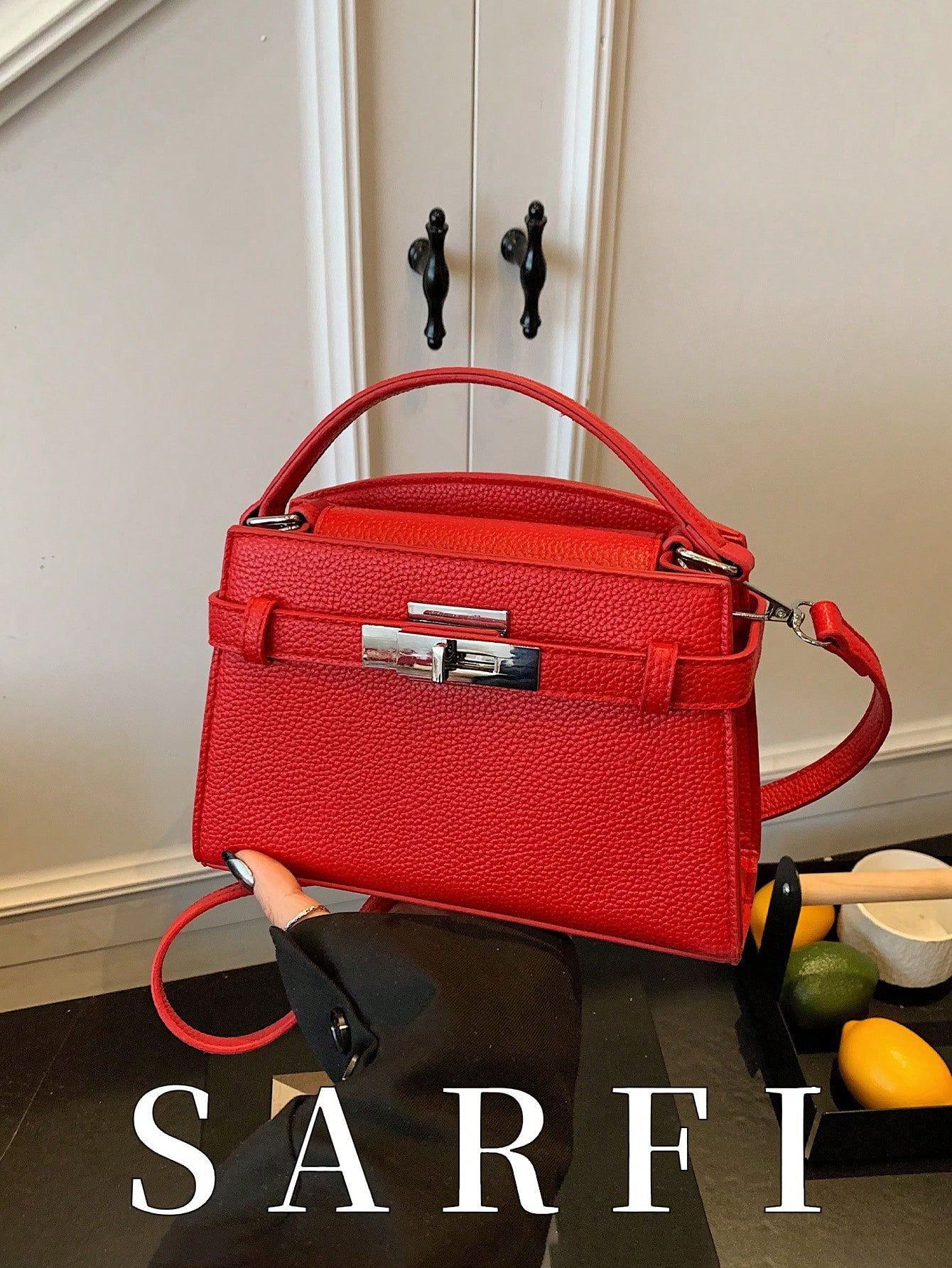 Classic Bright Red Handbag with Hardware Lock Decor