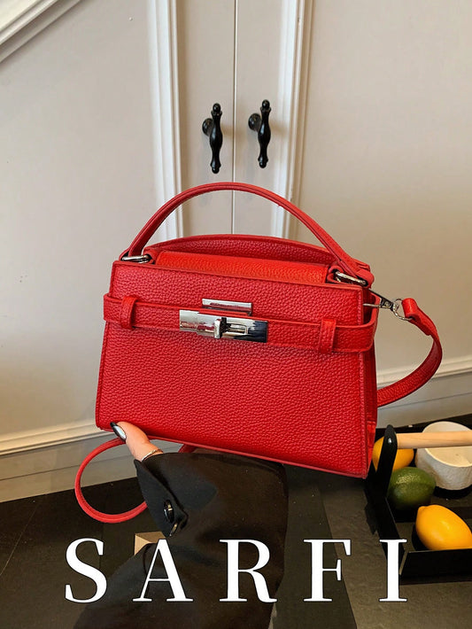 Classic Bright Red Handbag with Hardware Lock Decor